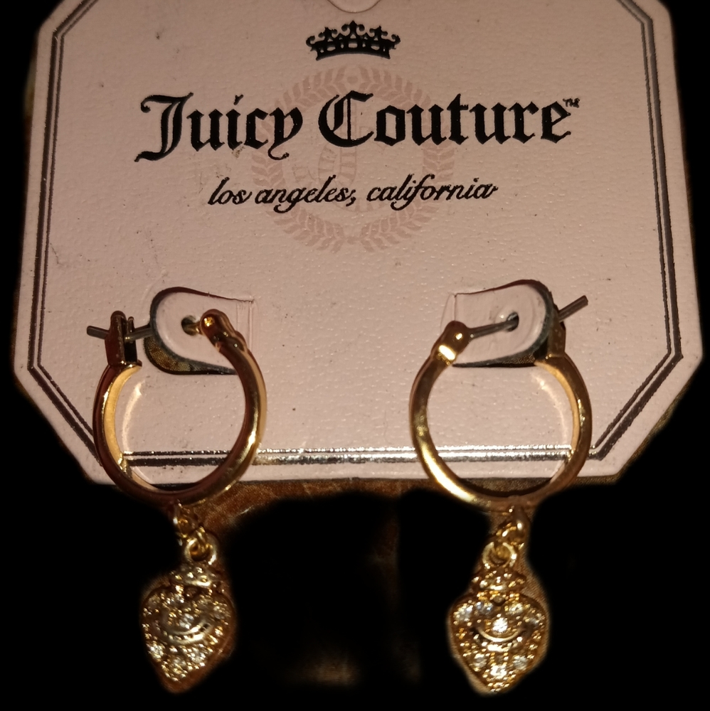 Juicy Couture Gold Tone Small Hoop Rhinestone Heart Dangle Earrings